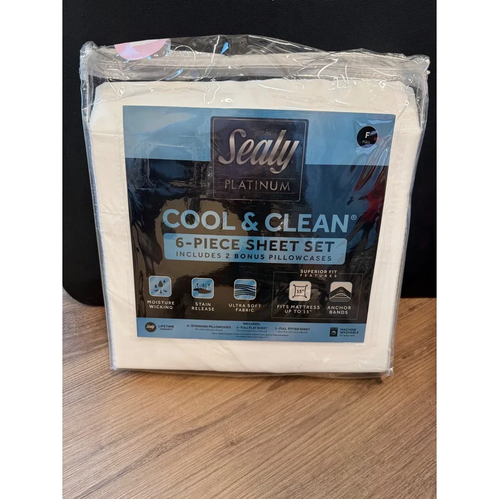 Sealy Platinum Cool & Clean 6 Piece Sheet Set Full White Moisture Wicking New